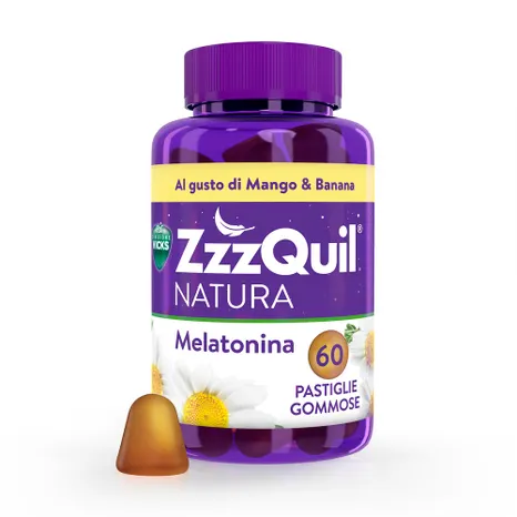 ZzzQuil Natura Melatonina Integratore per Dormire, Gusto Mango e Banana, Con Valeriana, Camomilla, Vitamina B6 e Estratti alle Erbe 60 Gommose 100% 5.0 (1)